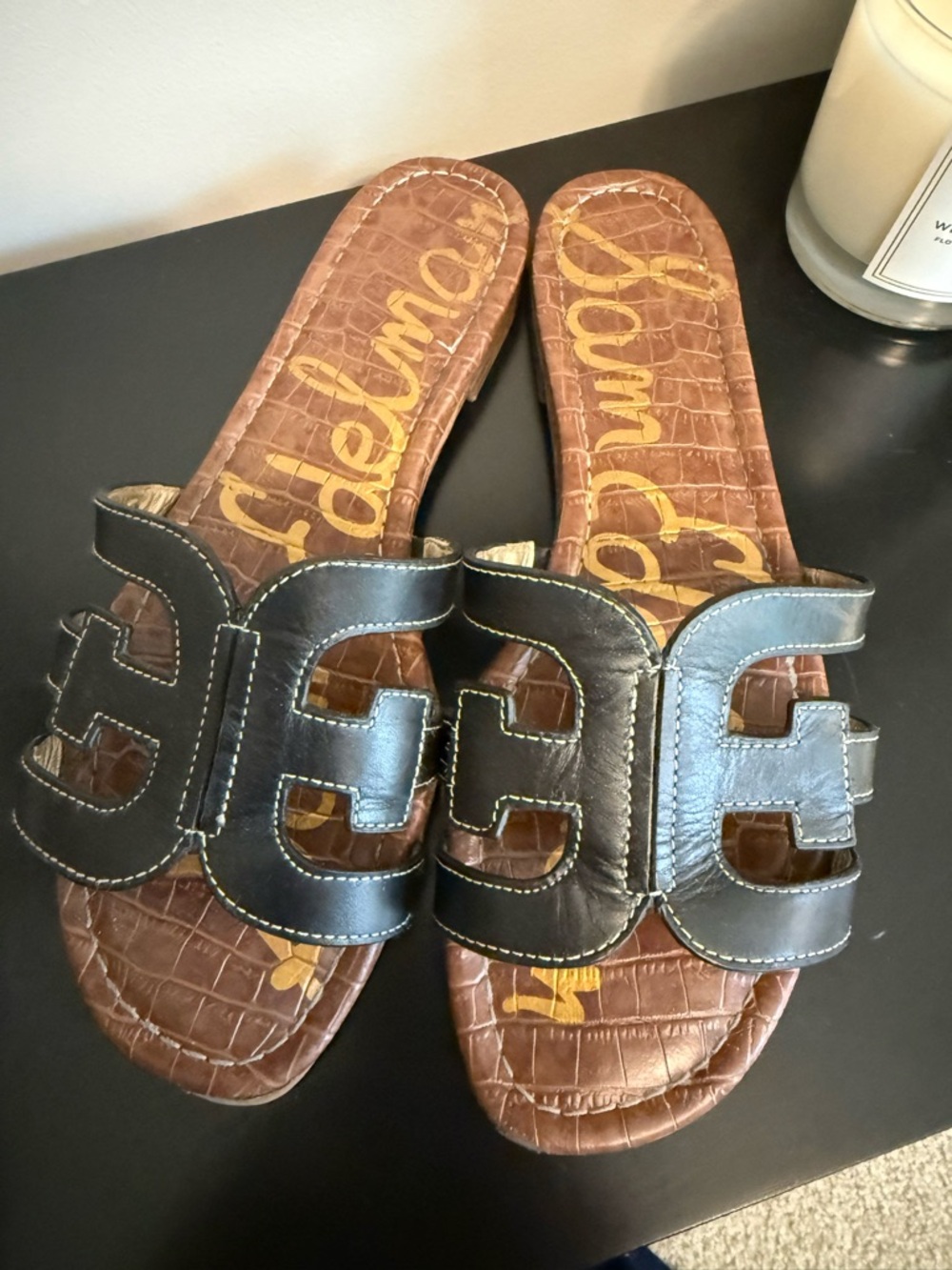 Sam Edelman Black and Brown Leather Slide Sandals